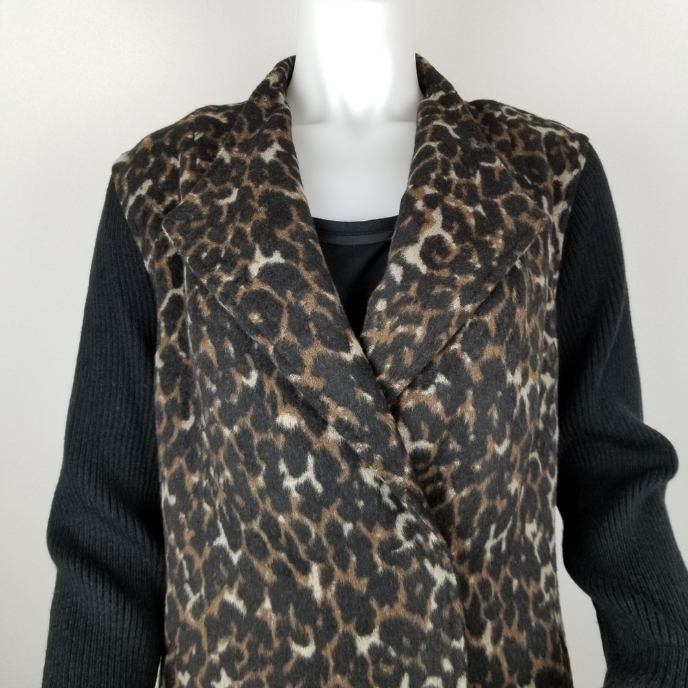 Kenneth Cole Lg Cheetah Pea Coat Black Knit Sleeve - Picture 2 of 8